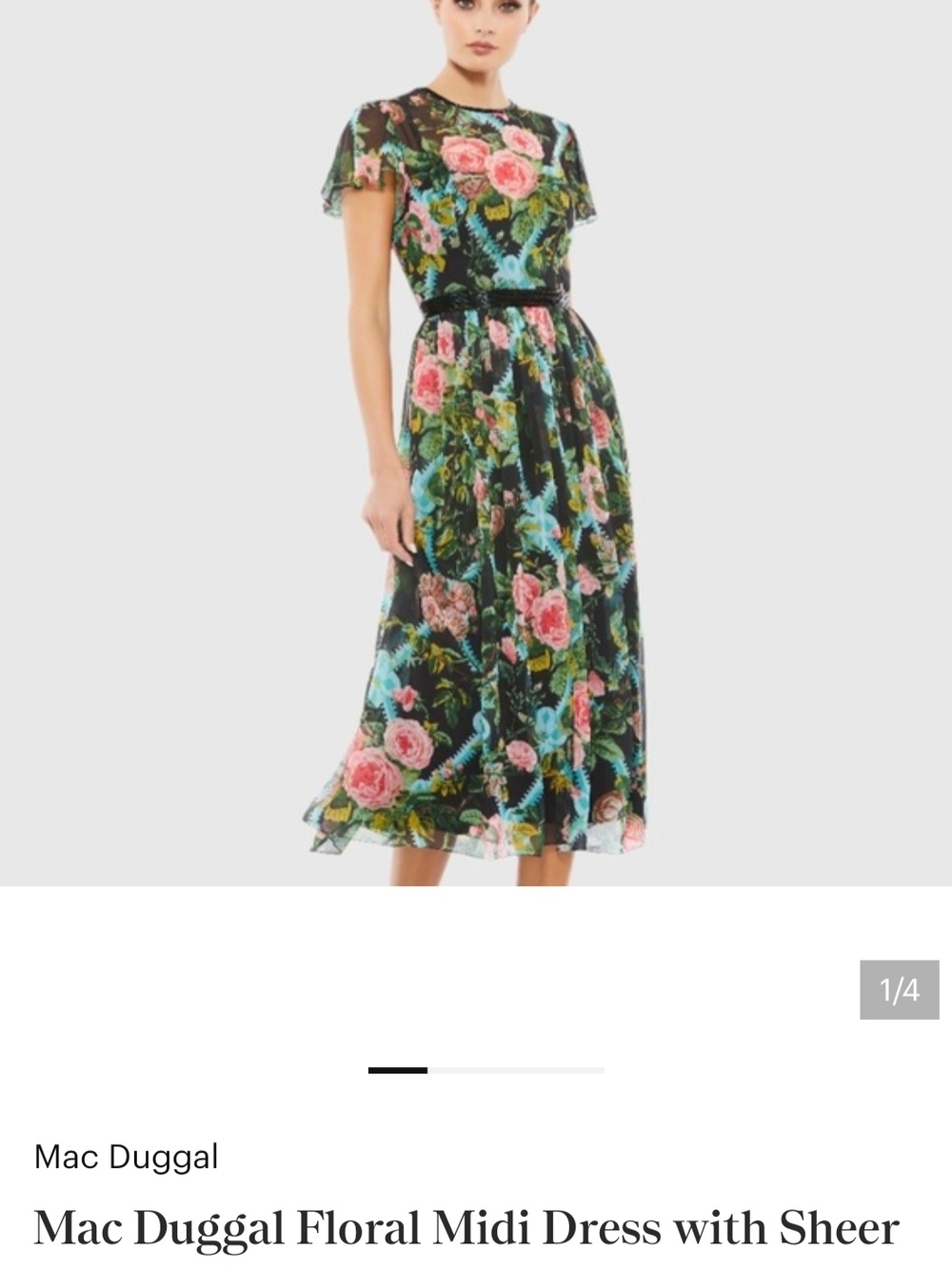 Mac Duggal Black Floral Midi Dress with Pink and Blue Blooms
